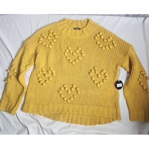 Cocobleu Heart Sweater Yellow Bobble Knit Popcorn Stitch 3D Raised Hearts XL NEW